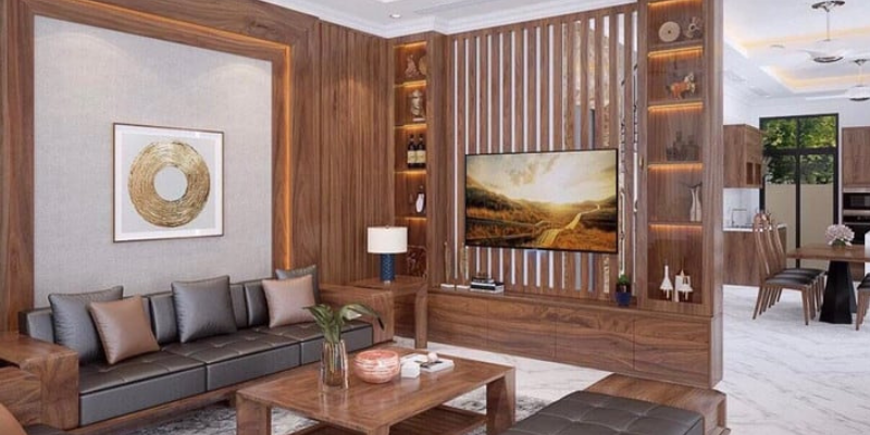 trang trí phòng khách nhà ống bằng gỗ